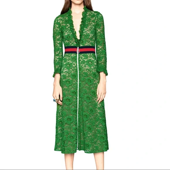 gucci floral lace long dress Gucci Floral-print Lace-trimmed Twill Dress – Runway Catalog main image 1